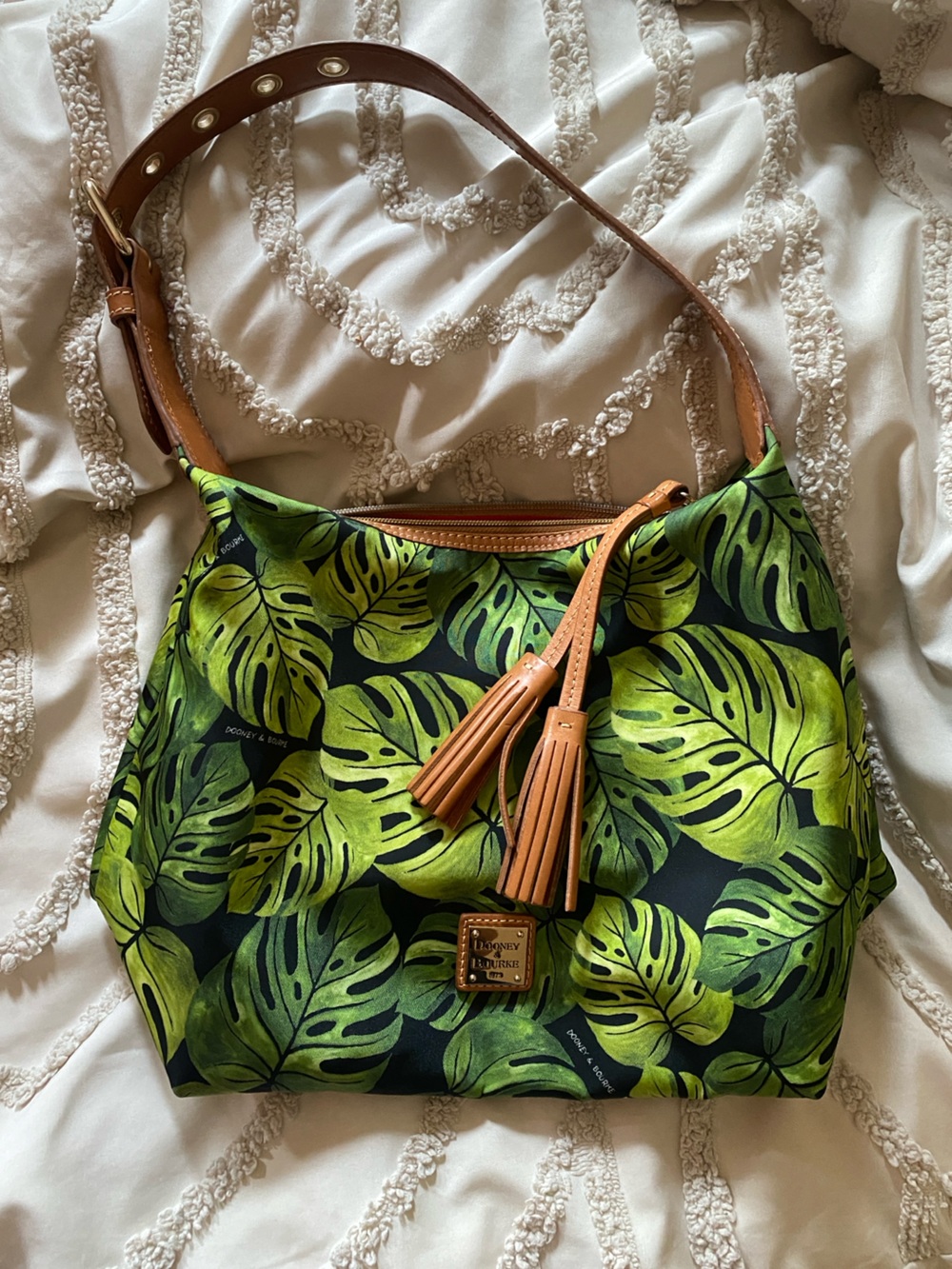 Dooney & Bourke Green Tropical Leaf Hobo with Tan Trim